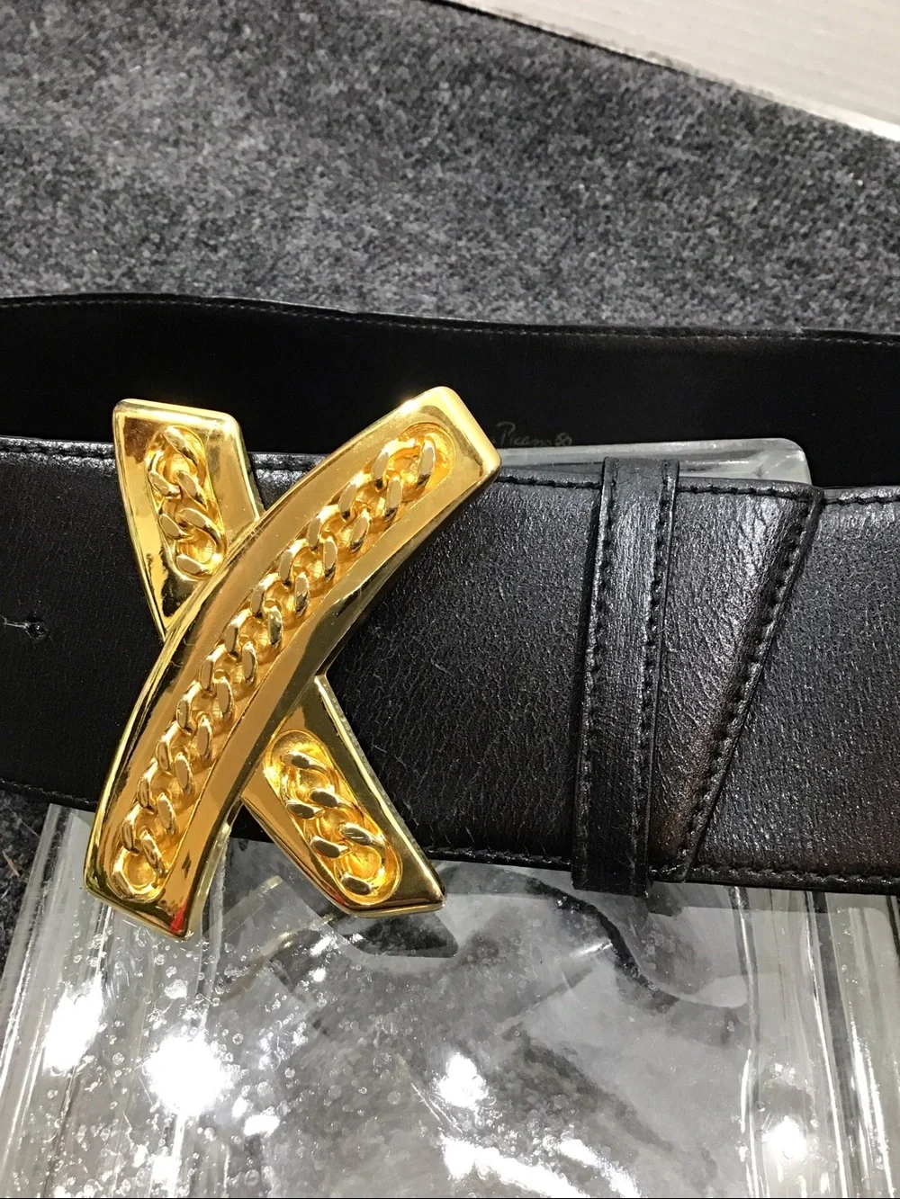 Vintage Paloma Picasso Italy wide black leather belt gold chain X buckle L